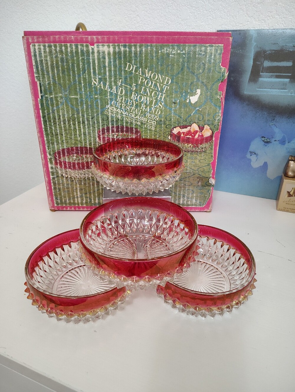 Vintage Indiana Glass Diamond Point Ruby Red Band Crystal Salad Bowl Set Of 4